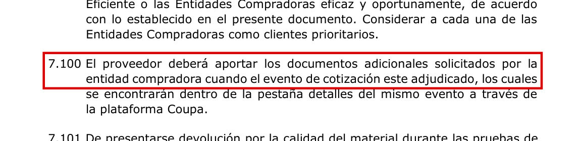 Los documentos adicionales se piden después de adjudicar, no para cotizar