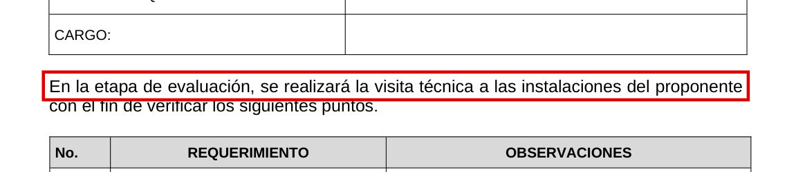 Y una visita a la planta del proponente, que la operación principal no contempla